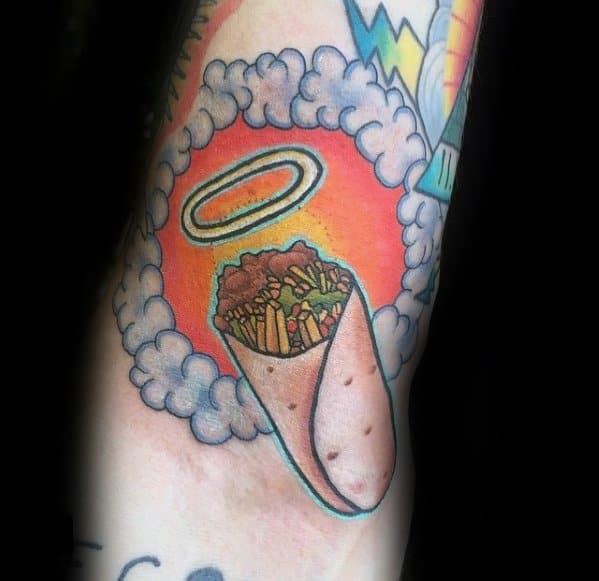 Amazing Mens Burrito With Angel Halo Tattoo Designs On Forearm