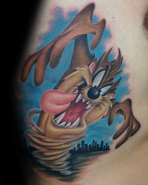 Energetic tattoo of the Tasmanian Devil spinning into action with a city skyline and colorful sky in the background.