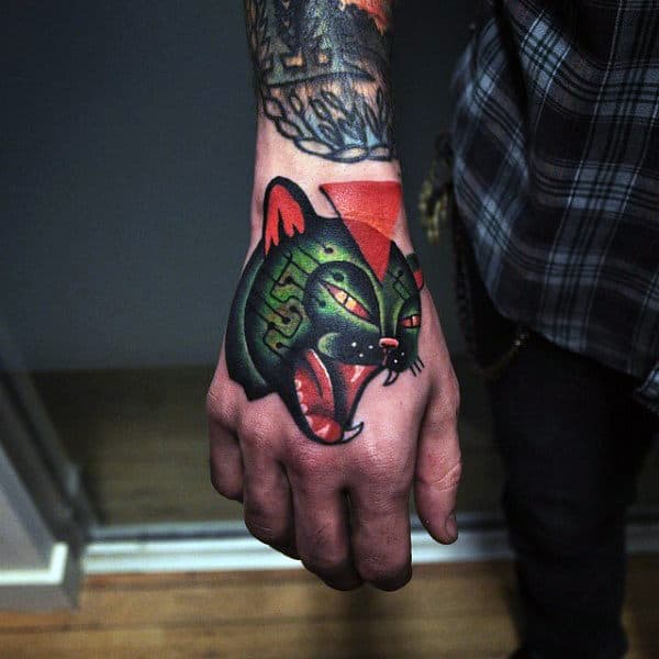 Amazing Mens Cat Hand Tattoo Design