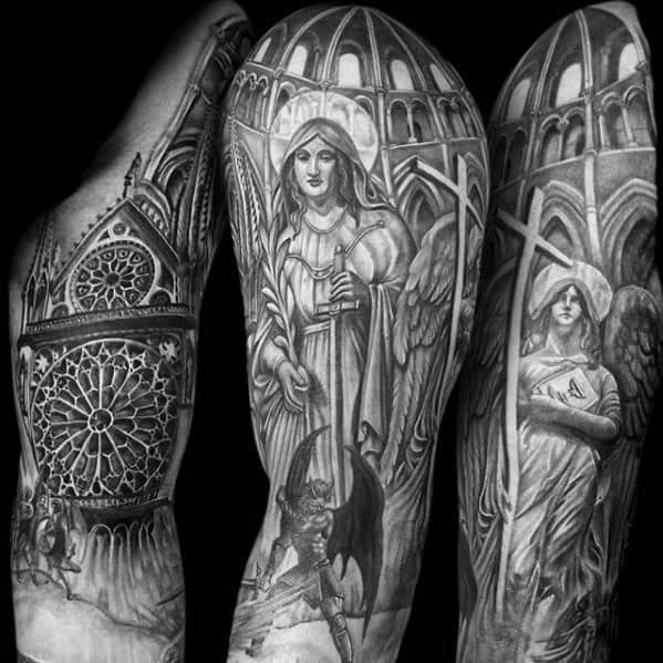 Cathedral-themed sleeve tattoos for men featuring angels, gothic arches, stained glass, and a battle between good and evil.
