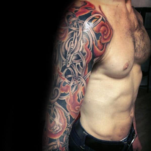 Amazing Mens Celtic Dragon Fire Flames Full Arm Sleeve Tattoo