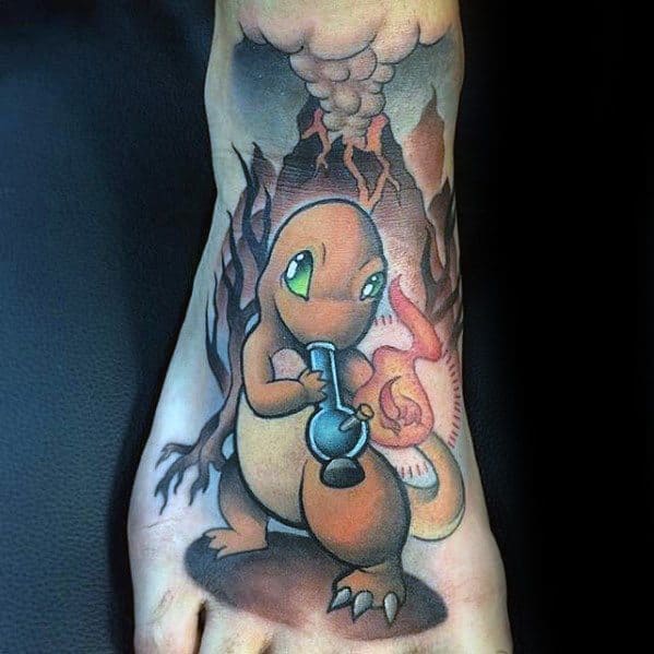 Charmander tattoo on foot holding a bong with smoke rising into storm clouds, featuring bold shading and fiery background elements.