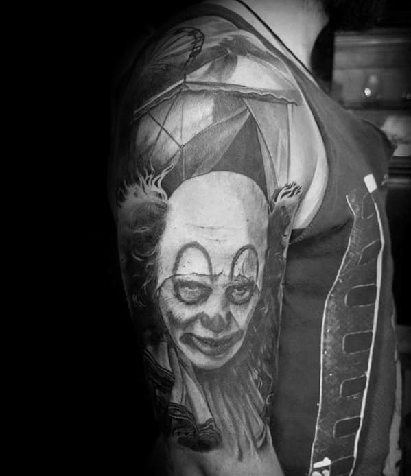 Amazing Mens Circus Clown Shaded Black And Grey Half Sleeve Tattoo Designs