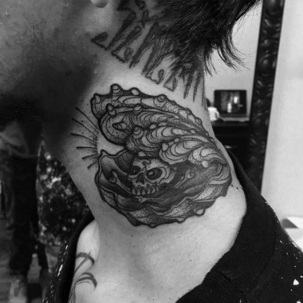 Clam shell tattoo on the neck with intricate waves and a hidden skull design inside, done in bold black and grey ink.