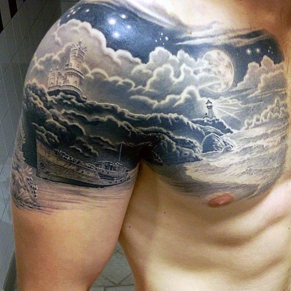 Amazing Mens Cloudy Sky Beach Shore Chest And Arm Tattoo