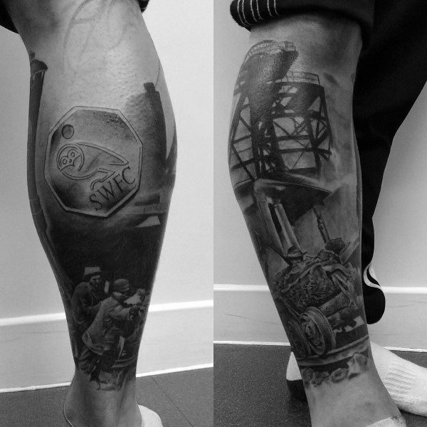 Black and grey coal mining tattoos showing miners at work, mining machinery, and the SWFC badge on a man's calf.