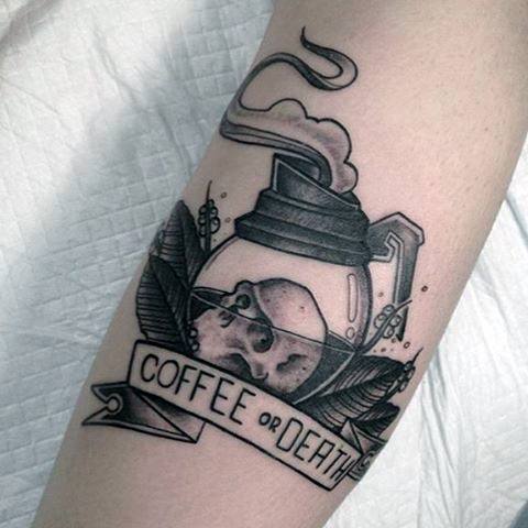 Amazing Mens Coffee Or Death Skull Forearm Tattoo Designs