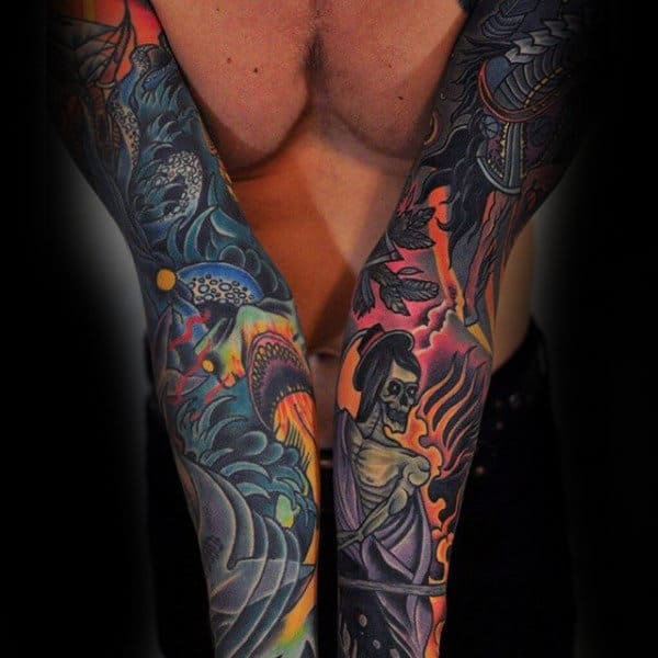 Amazing Mens Colorful Nautical Themed Sleeve Tattoos