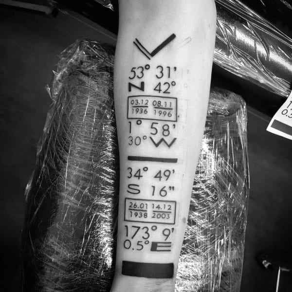 Minimalist coordinate tattoo on a forearm featuring bold numbers, arrows, and date boxes, symbolizing meaningful locations and moments.