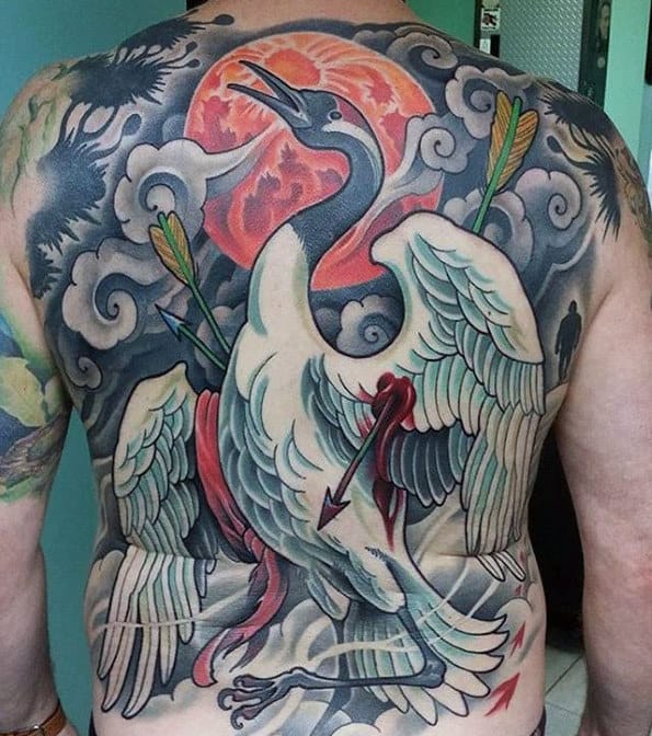 Amazing Mens Crane Bird Full Back Tattoo