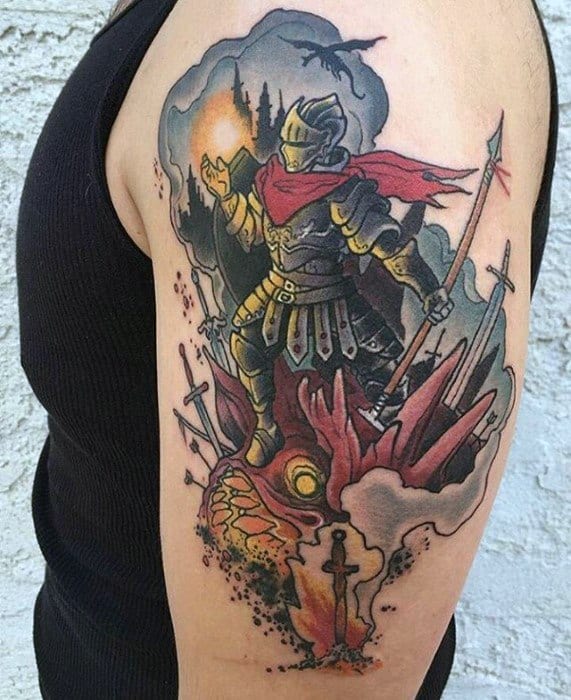 Colorful Dark Souls tattoo of a heroic knight with a red cape standing over a fiery bonfire and swords, with a dark castle background.