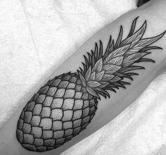 Amazing Mens Detailed Dotwork Leg Pineapple Tattoo Designs