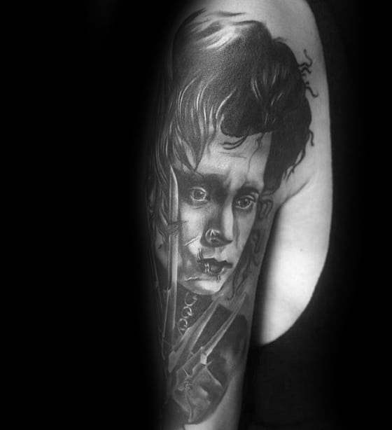 Amazing Mens Edward Scissorhands Half Sleeve Black And Grey Shaded Ink Tattoo Designs