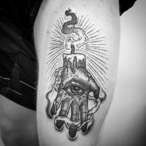 Tattoo of a melting candle forming a hand with an all-seeing eye in the palm, radiating light and surrounded by smoke.