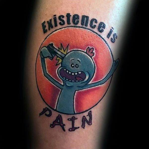 Tattoo of Mr. Meeseeks from Rick and Morty, holding a gun to his head with the phrase 'Existence is Pain' above and below.
