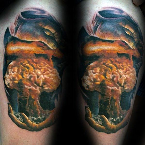Amazing Mens Explosion Mushroom Cloud Brain Arm Tattoo Designs