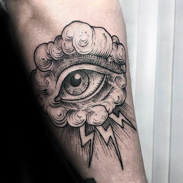 Amazing Mens Eye With Cloud And Thunder Forearm Sketch Tattoo Designs