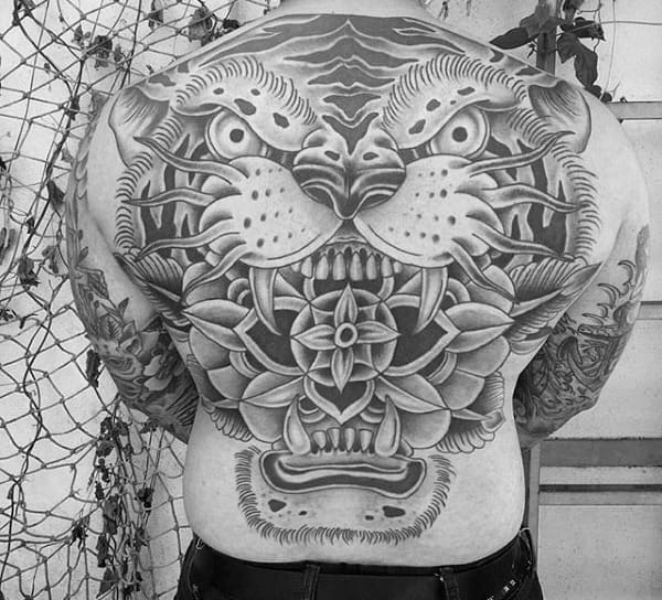 Amazing Mens Floral Full Back Traditional Tiger Tattoos