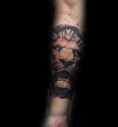 Amazing Mens Forearm Lion Statue Tattoo Designs