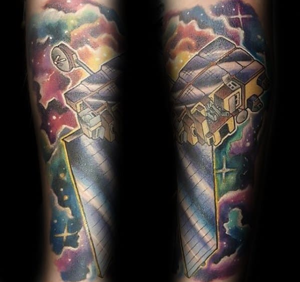 Amazing Mens Forearm Sleeve Satellite Tattoo Designs