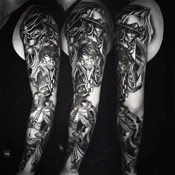 Amazing Mens Full Arm Sleeve Black And Grey One Piece Tattoo Designs