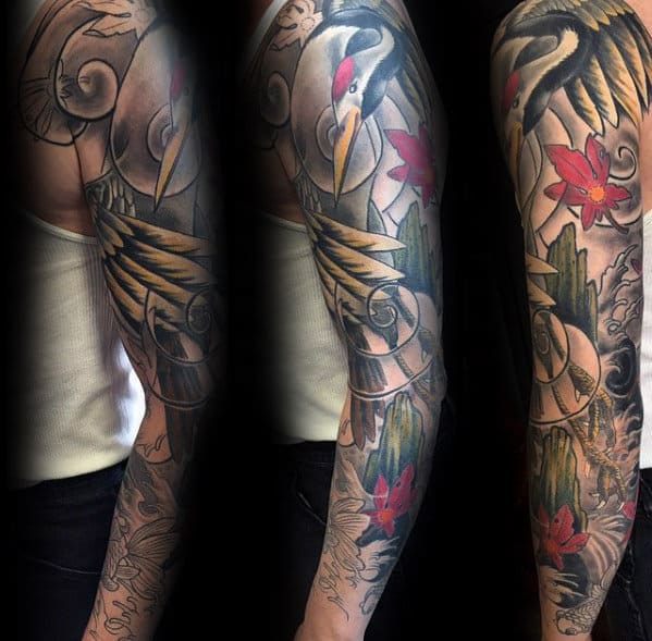 Amazing Mens Full Arm Sleeve Crane Themed Tattoo Ideas