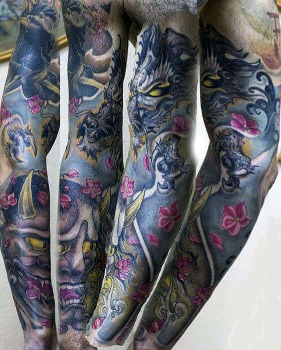 Amazing Mens Full Arm Sleeve Dragon Oni Mask Tattoo