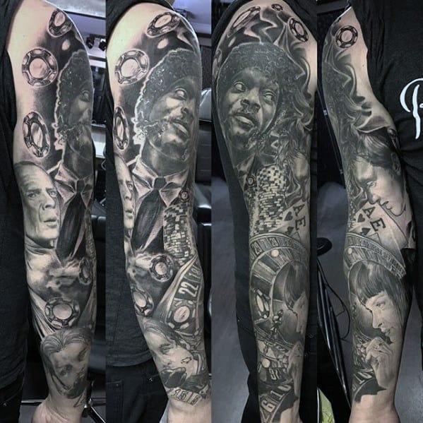 Amazing Mens Full Arm Sleeve Pulp Fiction Themed Tattoo Designs