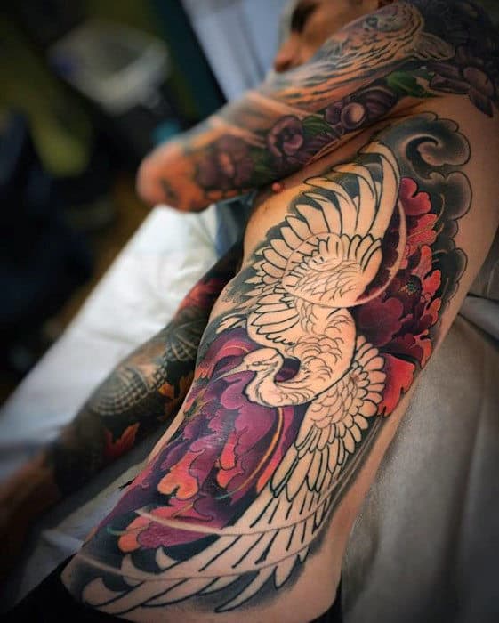Amazing Mens Full Rib Cage Side Japanese Crane Tattoo