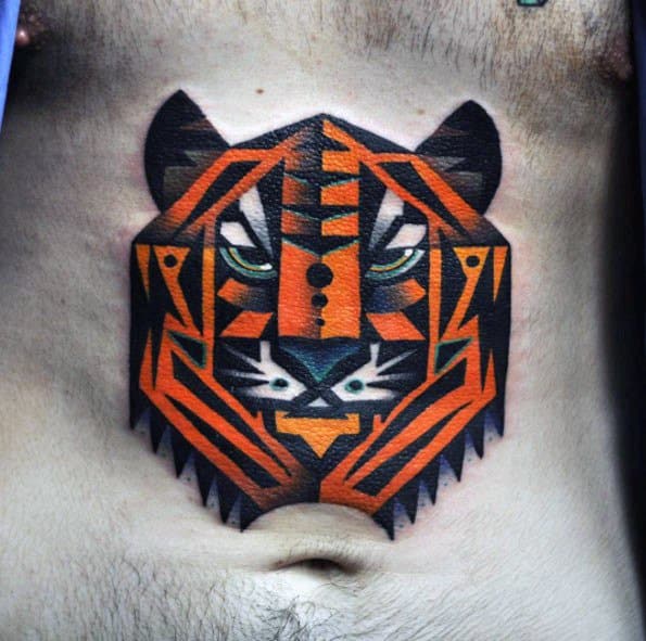 Geometric tiger tattoo with bold black and orange shapes, centered on the torso, featuring fierce eyes and sharp symmetry.