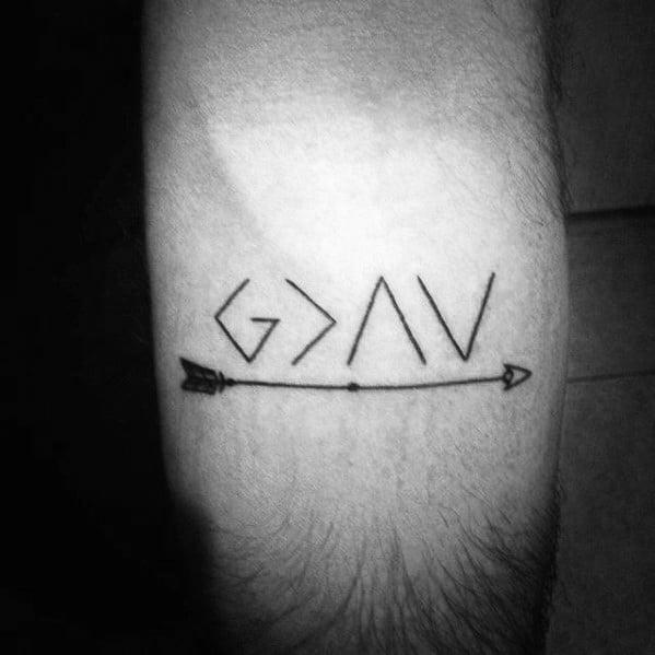 Minimalist tattoo design featuring "God is greater than the highs and lows" symbol with a sleek arrow element