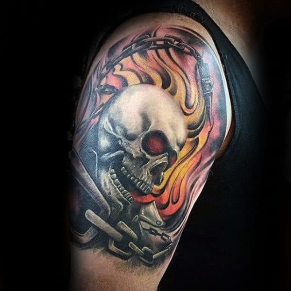 Amazing Mens Half Sleeve Chains Flaming Skull Tattoo 3d Designs