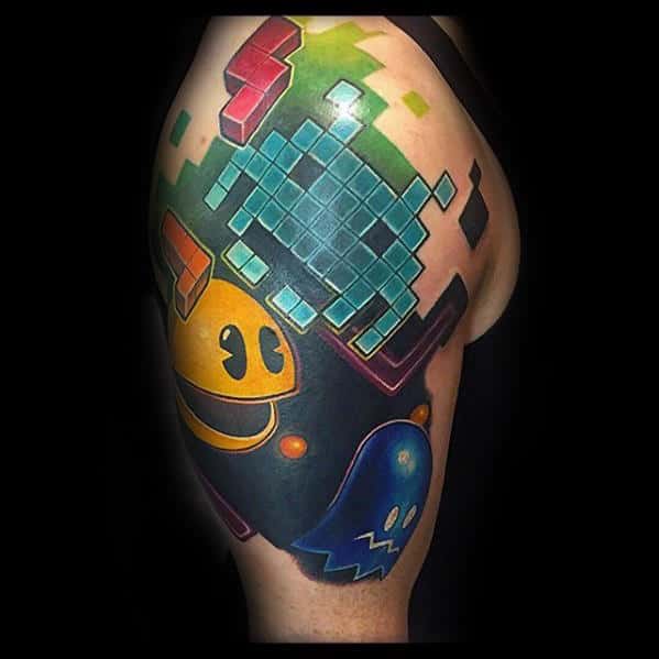Amazing Mens Half Sleeve Pacman Tetris Themed Tattoos