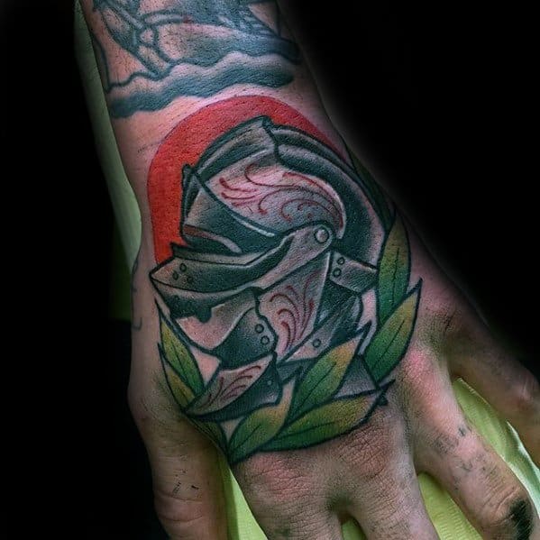 Amazing Mens Hand Knights Helmet Laurel Wreath Tattoo Designs