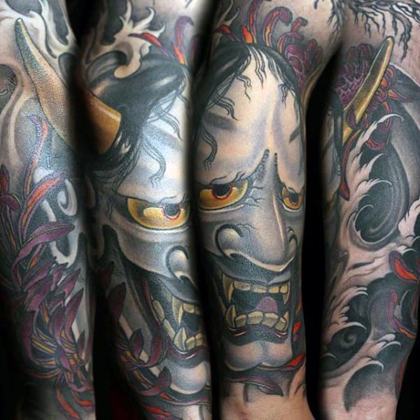Amazing Mens Hannya Mask Sleeve Tattoo Design Inspiration