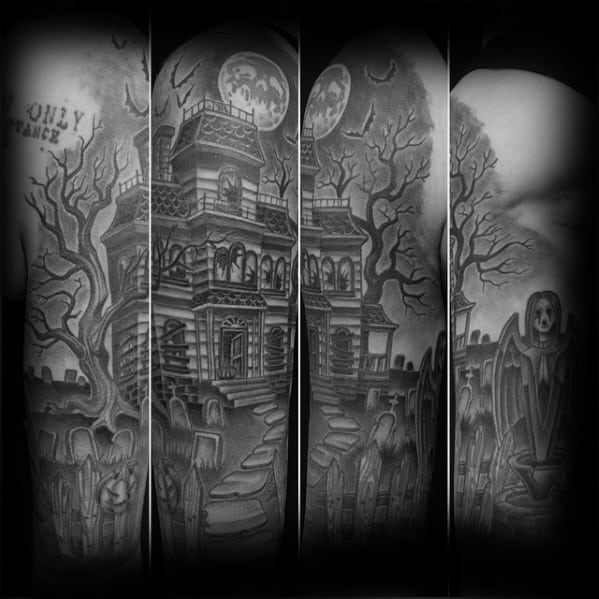 Haunted house tattoo sleeve with eerie trees, full moon, graveyard, and grim reaper, creating a spooky black-and-grey scene.