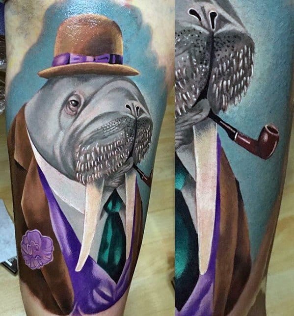 Amazing Mens Hyper Realistic 3d Walrus Leg Sleeve Tattoo Designs