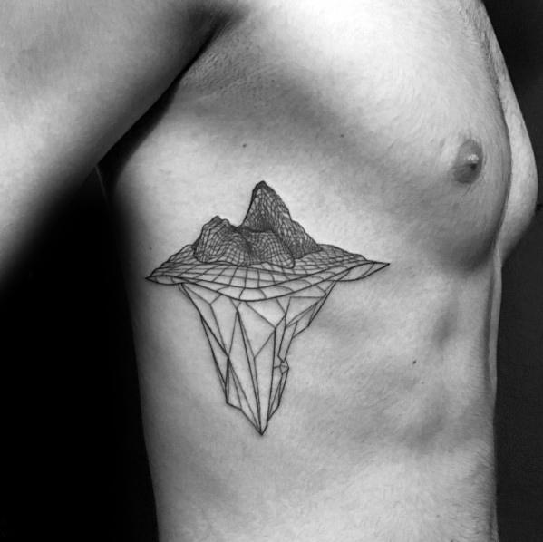 Minimalist geometric iceberg tattoo on a man's ribcage, showing the hidden underwater portion in angular wireframe style.