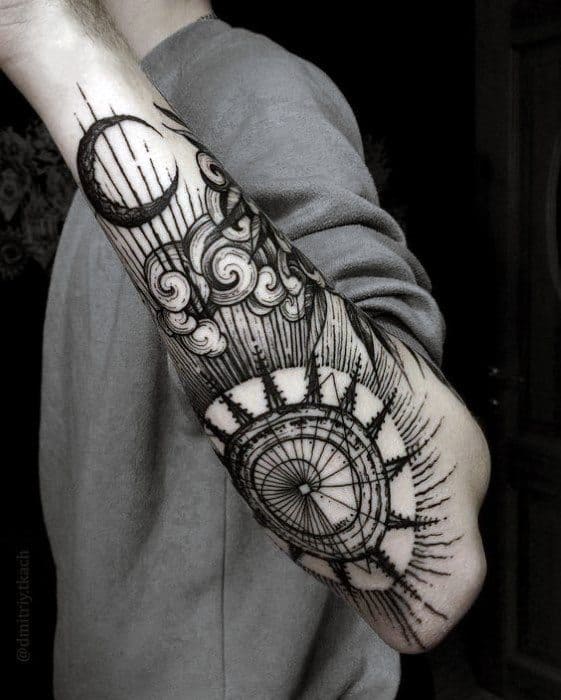 Amazing Mens Incredible Outer Forearm Sun And Moon Tattoo Designs