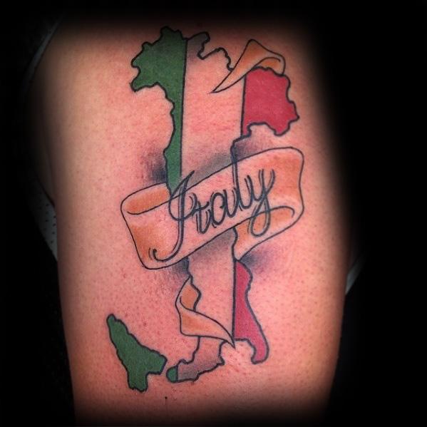 Italy map tattoo with the Italian flag colors and a banner reading "Italy" across it, inked on the upper arm with bold outlines.