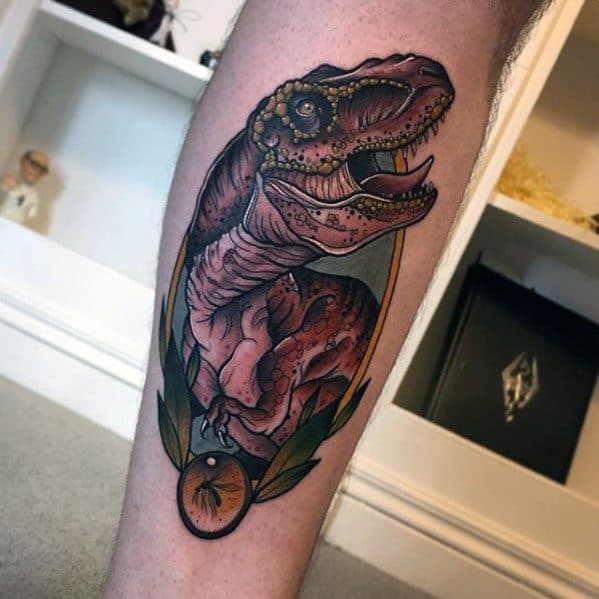 Amazing Mens Jurassic Park Dinosaur Neo Traditional Leg Tattoo Designs
