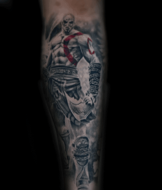 Amazing Mens Kratos Sleeve Tattoo Design Inspiration