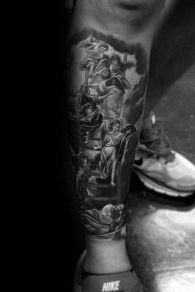 Detailed black-and-grey tattoo of angels ascending a ladder to heaven, ideal for men's forearm or calf tattoos.