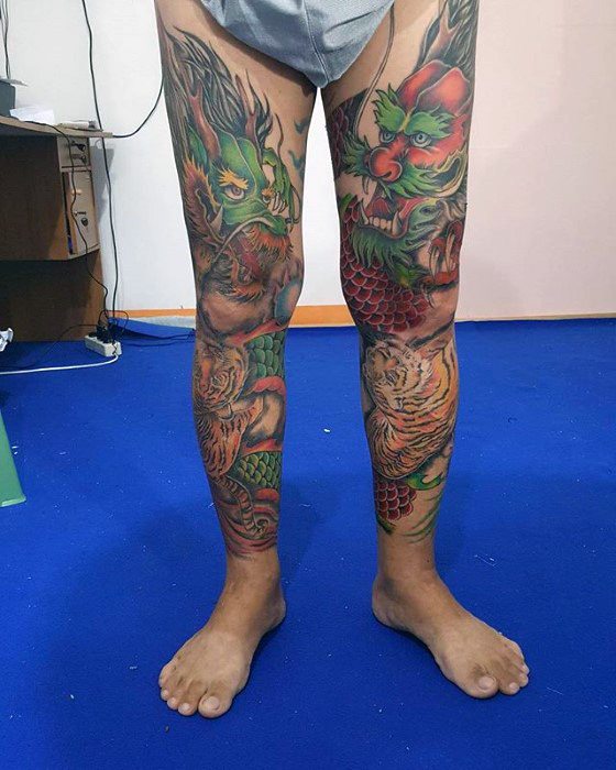 Amazing Mens Leg Sleeve Tiger Dragon Tattoo Designs