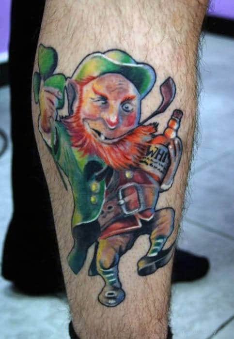 Colorful leprechaun tattoo with a mischievous grin, holding a clover in one hand and a whiskey bottle in the other while dancing.