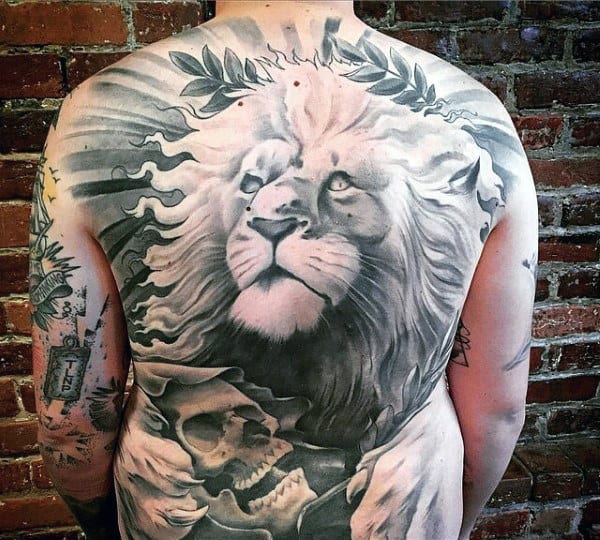 Amazing Mens Lion Back Tattoo Design With Skull