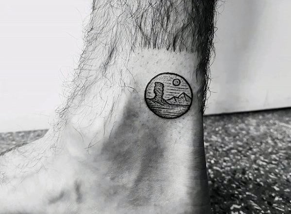 Amazing Mens Lower Leg Desert Mountains Quarter Sized Tattoo Designs