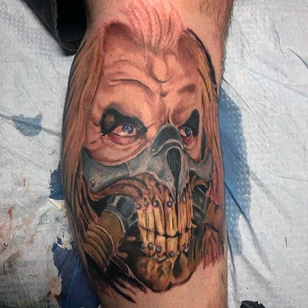 Amazing Mens Mad Max Tattoo Designs On Side Of Leg