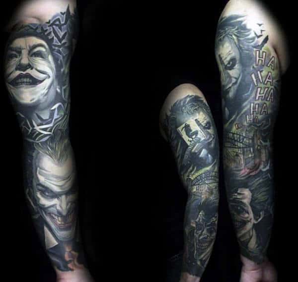Amazing Mens Manly Full Sleeve Tattoo With Joker Themed Design