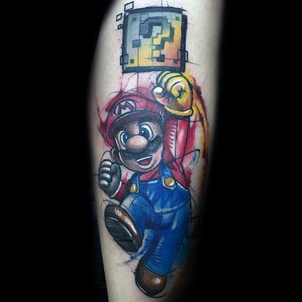 Vibrant Mario tattoo on a man's forearm, featuring bold sketch-style lines and dynamic shading as he jumps to hit a question block.